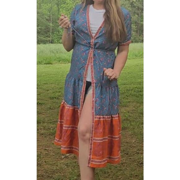 Button up lightweight tiered midi cover up dress colorblock floral multicolor - Picture 3 of 16